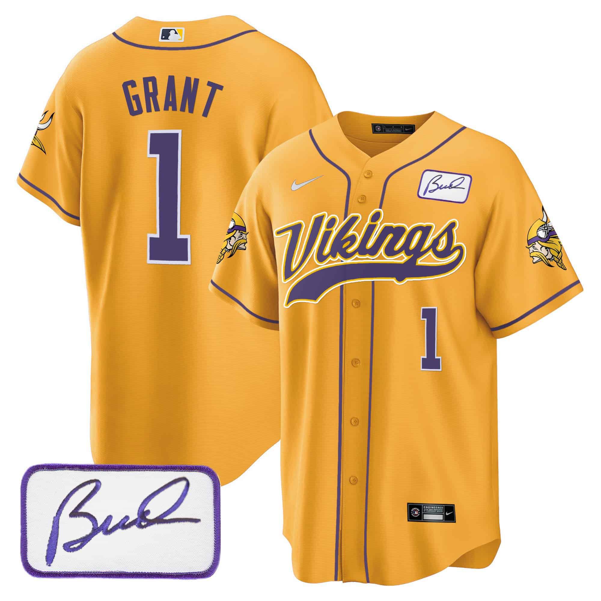 Men Minnesota Vikings #1 Grant Yellow 2024 Nike Bud Grant Patch Classic Baseball NFL Jersey